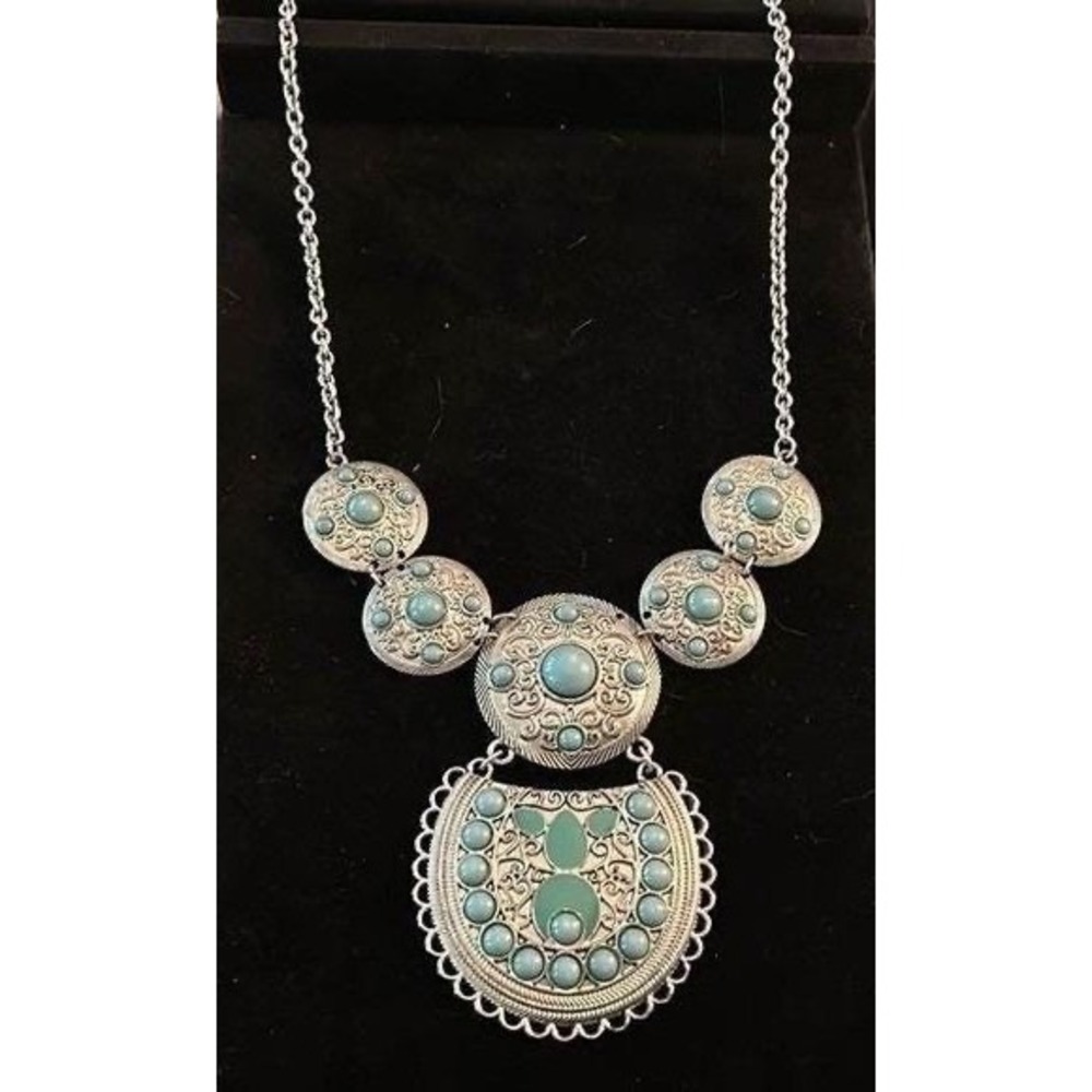 Boho Silver Tone Turquoise Filigree Statement Bib Necklace Southwestern Style